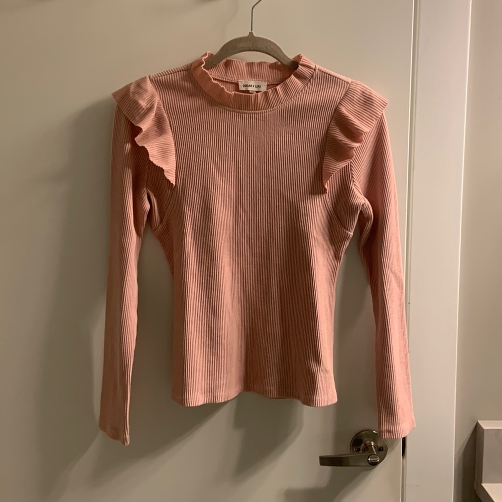 Pink ribbed high neck long sleeve top. Size XS